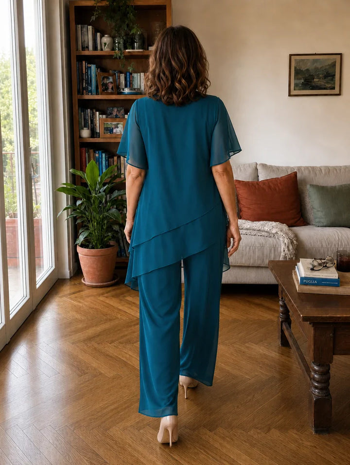 Dahlia - Set aus mehrlagiger Chiffonbluse und weiter Hose