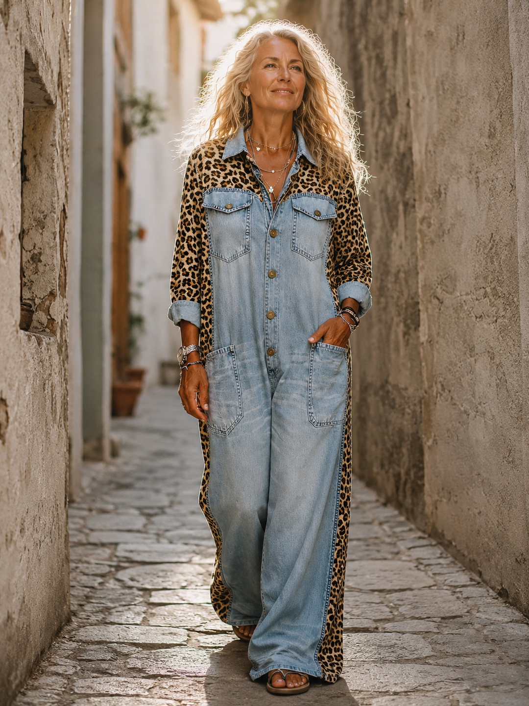 Annalise - Weitbeiniger Denim-Jumpsuit mit Leopardenmuster-Einsätzen