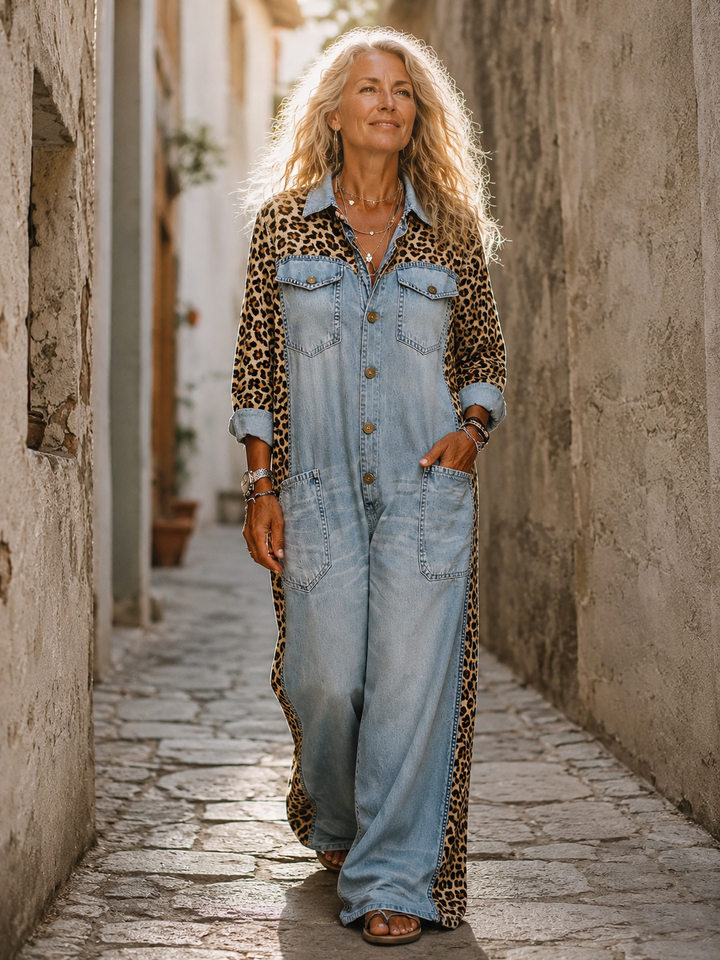 Annalise - Weitbeiniger Denim-Jumpsuit mit Leopardenmuster-Einsätzen