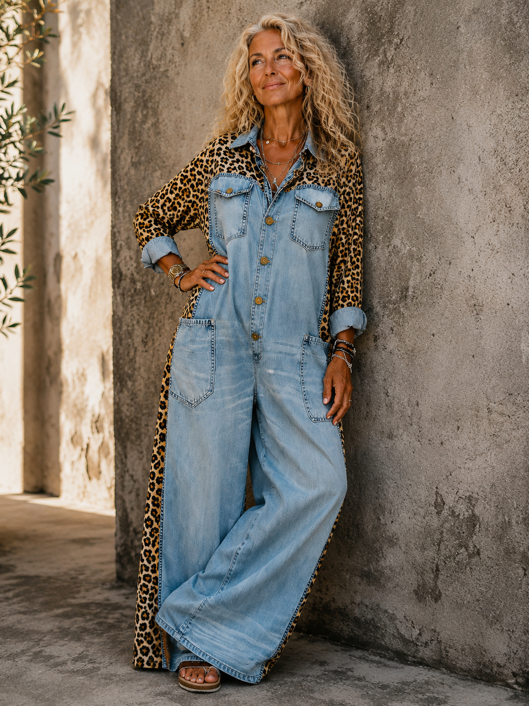 Annalise - Weitbeiniger Denim-Jumpsuit mit Leopardenmuster-Einsätzen