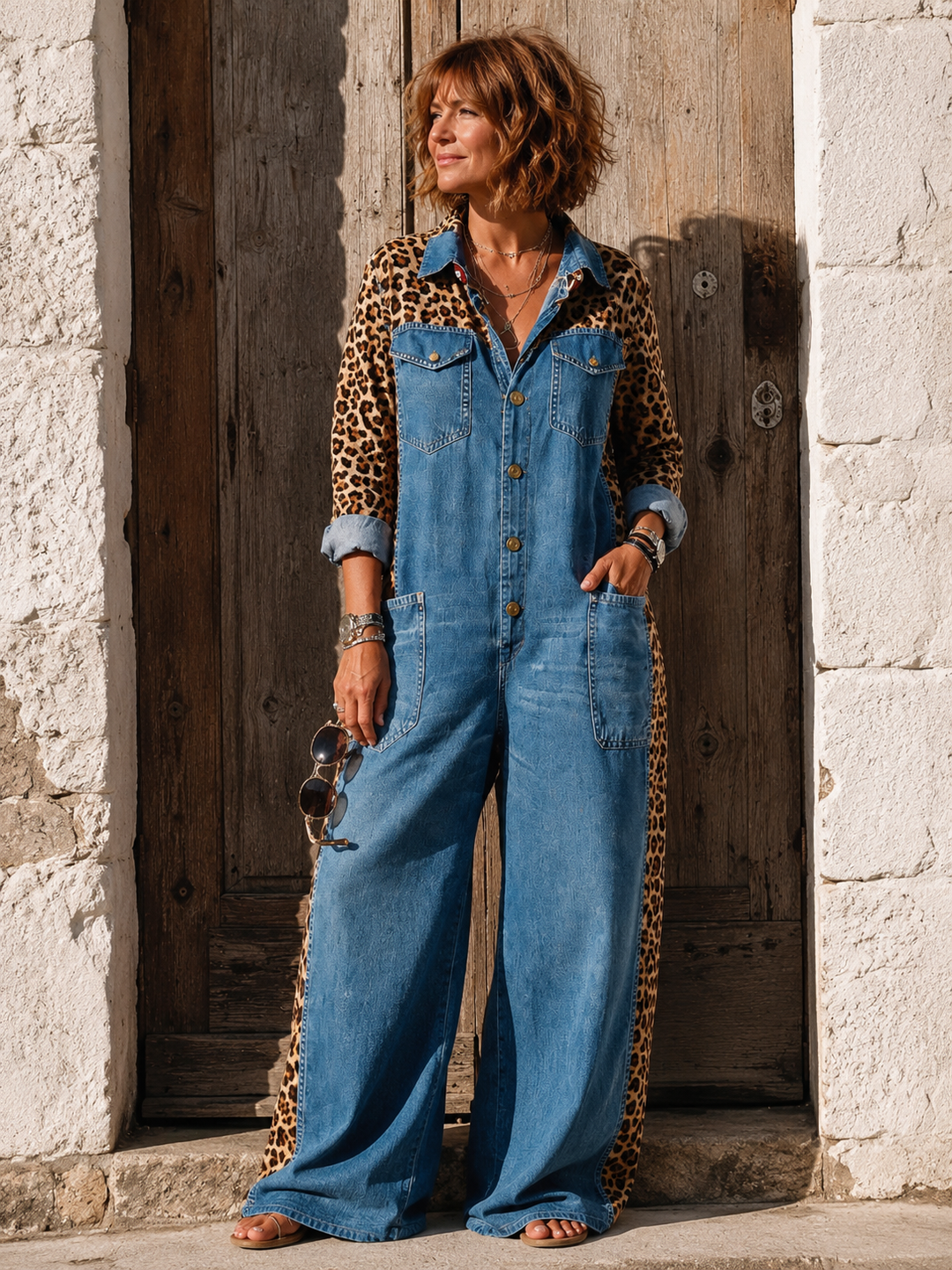 Annalise - Weitbeiniger Denim-Jumpsuit mit Leopardenmuster-Einsätzen