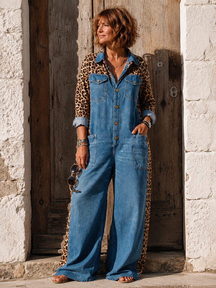 Annalise - Weitbeiniger Denim-Jumpsuit mit Leopardenmuster-Einsätzen