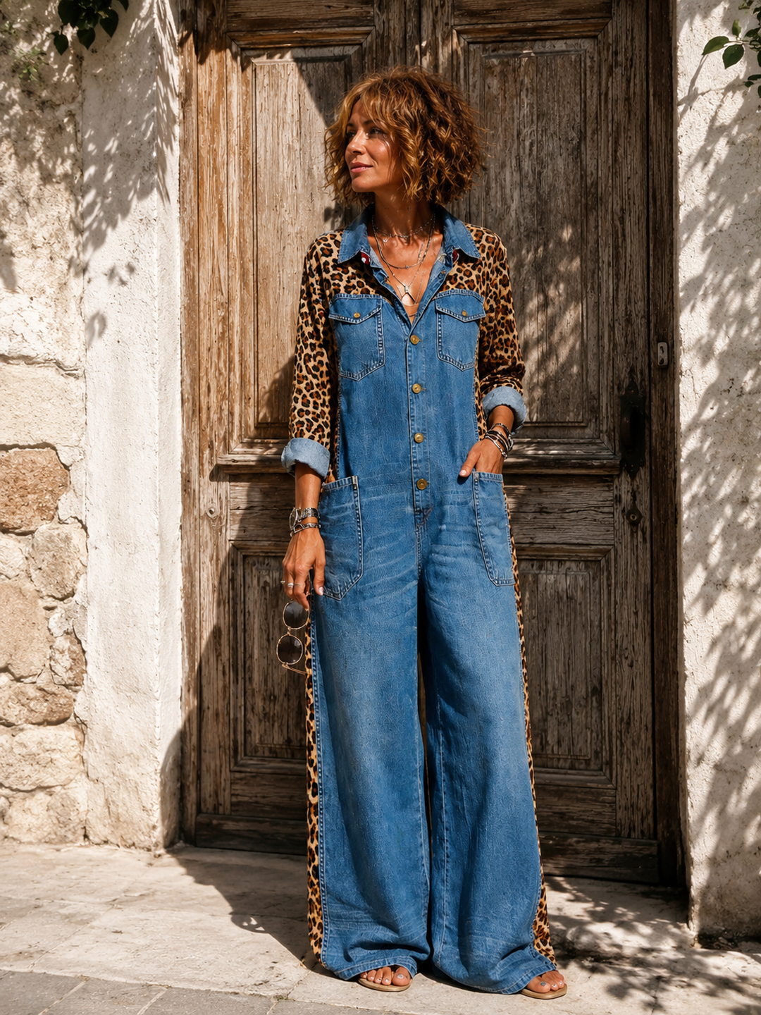 Annalise - Weitbeiniger Denim-Jumpsuit mit Leopardenmuster-Einsätzen