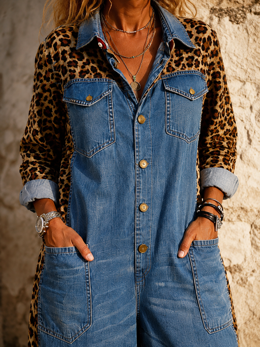 Annalise - Weitbeiniger Denim-Jumpsuit mit Leopardenmuster-Einsätzen