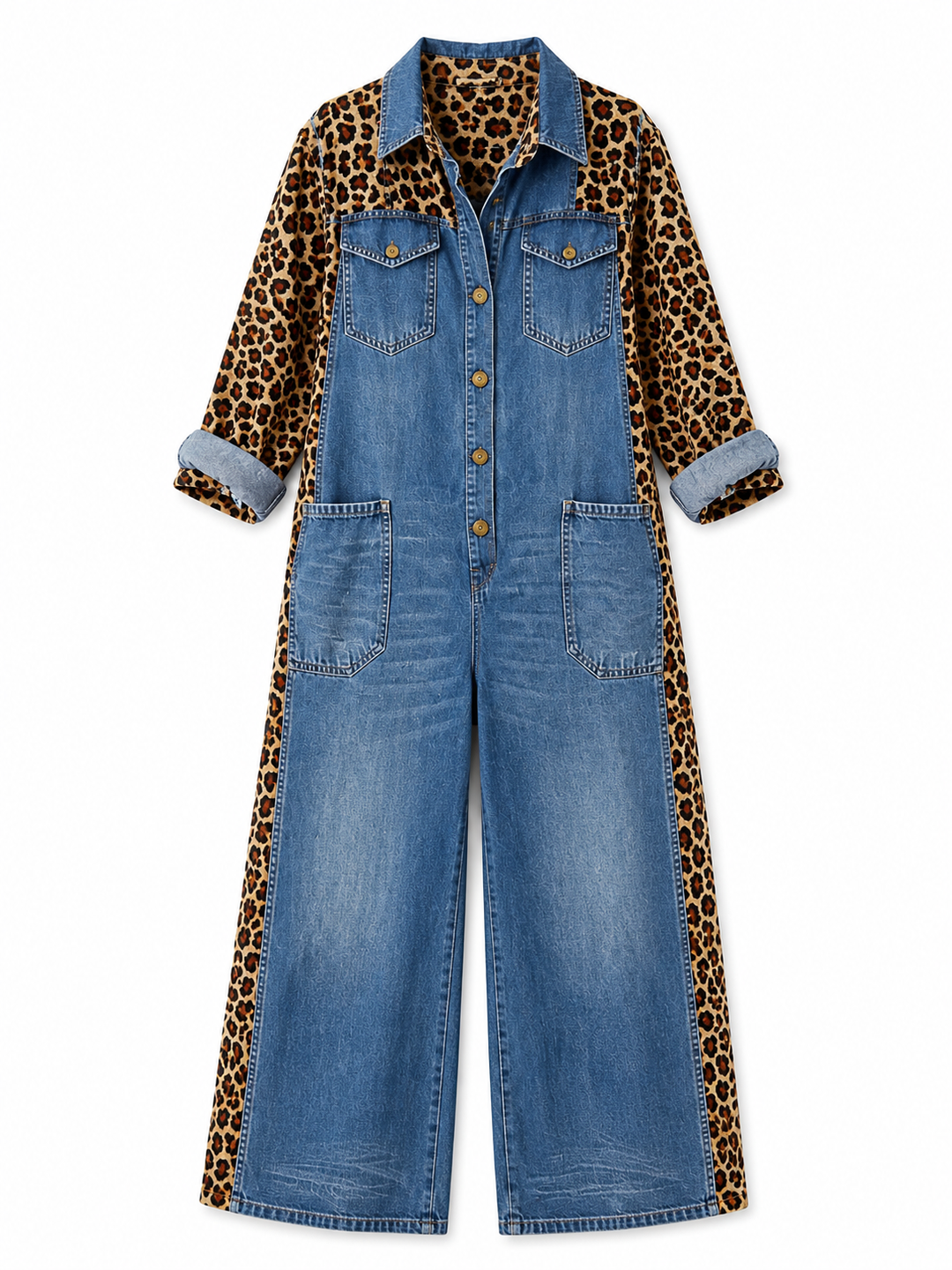 Annalise - Weitbeiniger Denim-Jumpsuit mit Leopardenmuster-Einsätzen