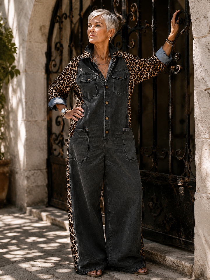 Annalise - Weitbeiniger Denim-Jumpsuit mit Leopardenmuster-Einsätzen