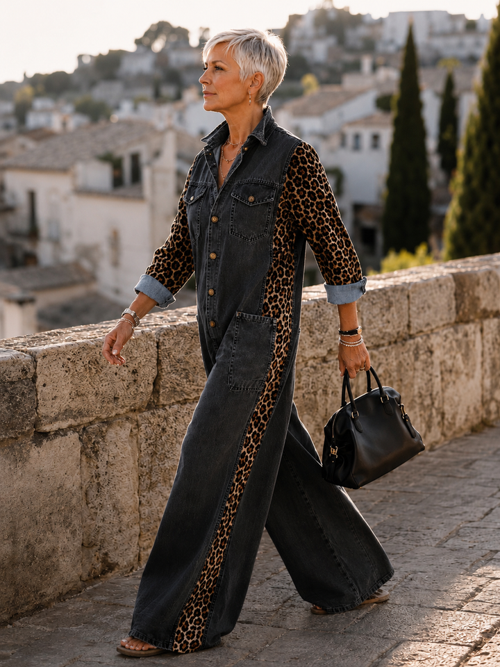 Annalise - Weitbeiniger Denim-Jumpsuit mit Leopardenmuster-Einsätzen