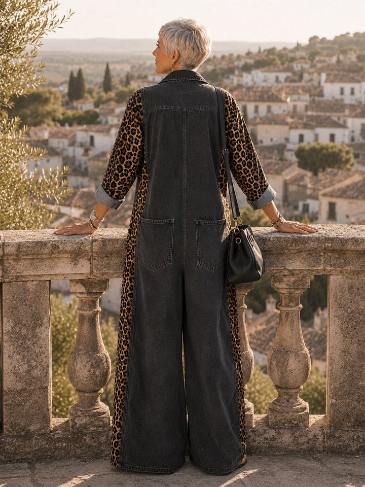 Annalise - Weitbeiniger Denim-Jumpsuit mit Leopardenmuster-Einsätzen