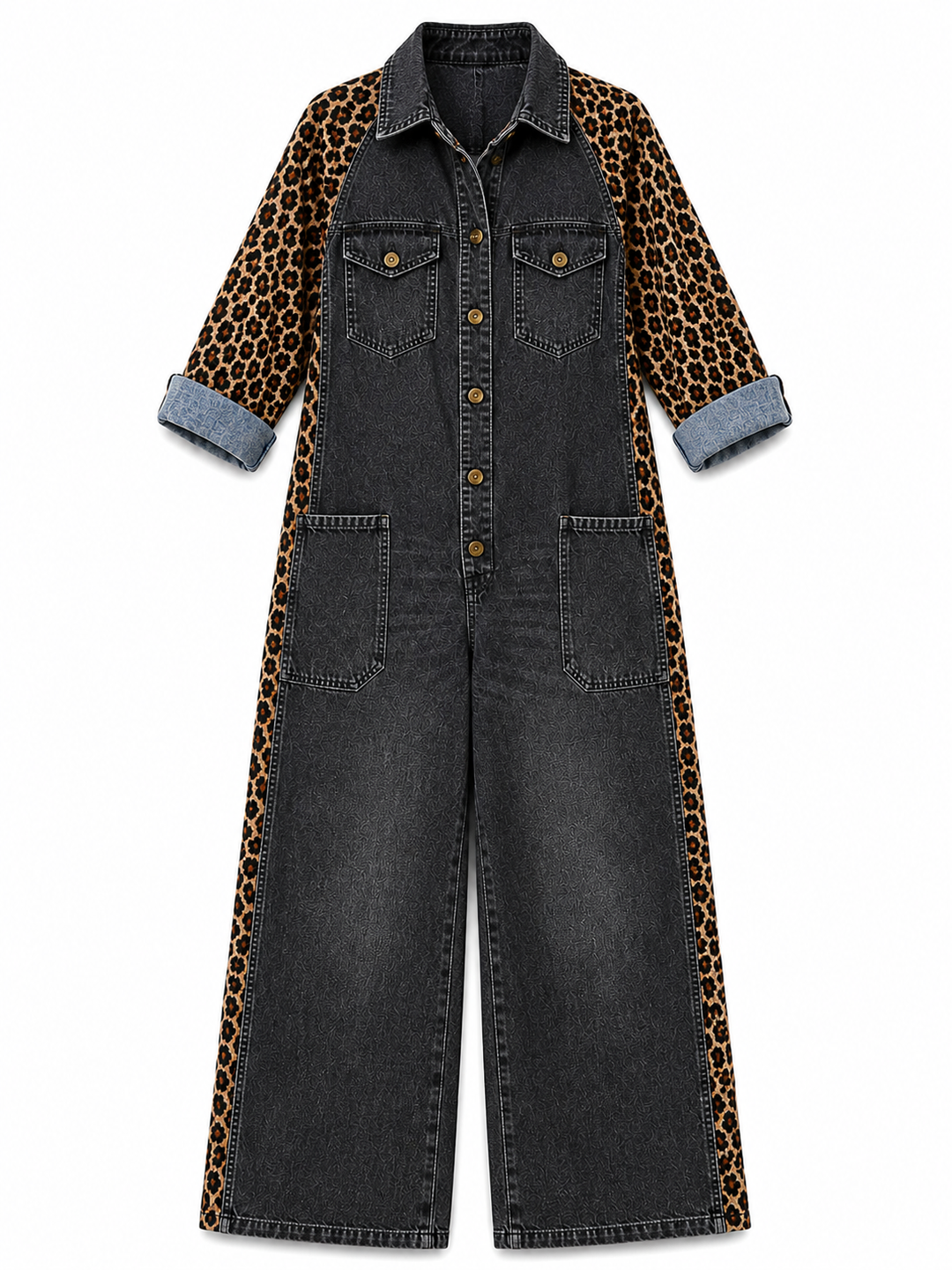 Annalise - Weitbeiniger Denim-Jumpsuit mit Leopardenmuster-Einsätzen