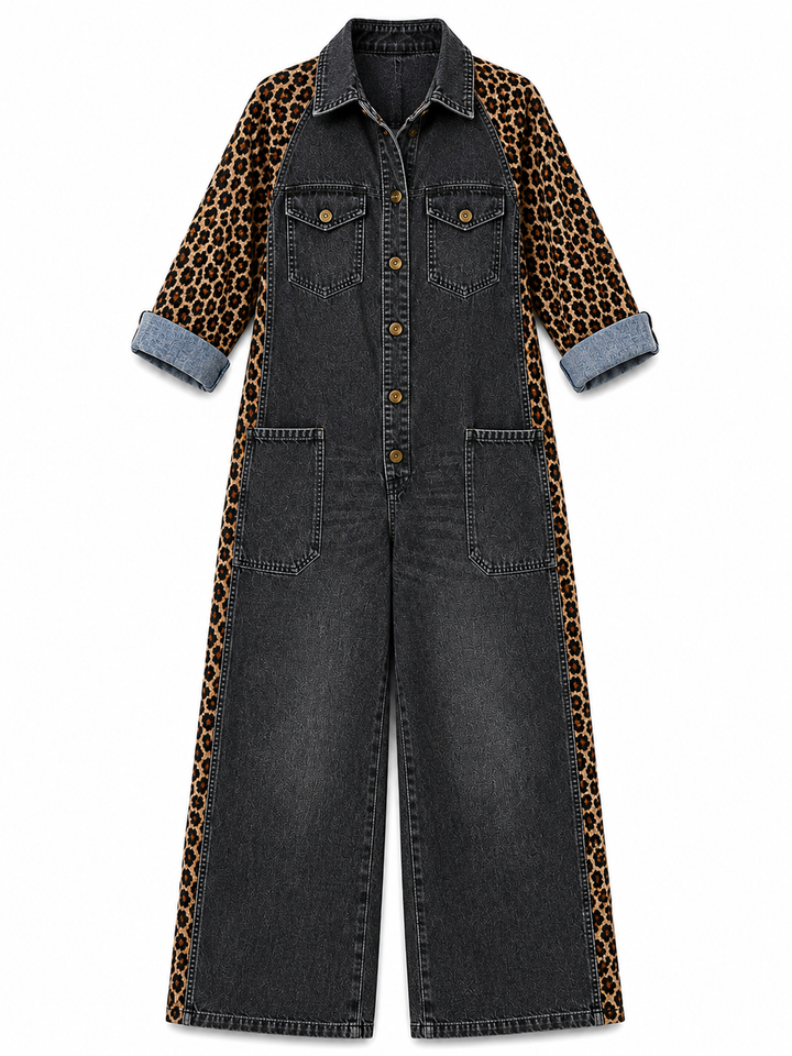 Annalise - Weitbeiniger Denim-Jumpsuit mit Leopardenmuster-Einsätzen