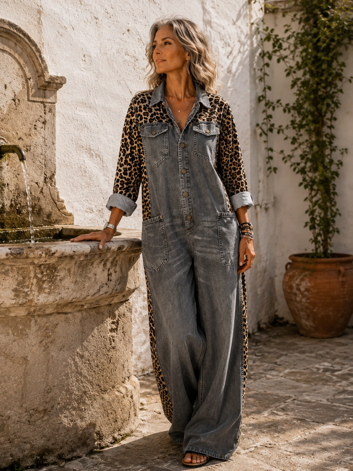 Annalise - Weitbeiniger Denim-Jumpsuit mit Leopardenmuster-Einsätzen