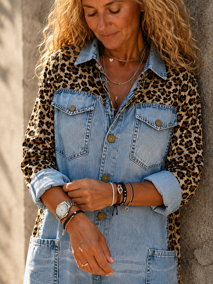 Annalise - Weitbeiniger Denim-Jumpsuit mit Leopardenmuster-Einsätzen