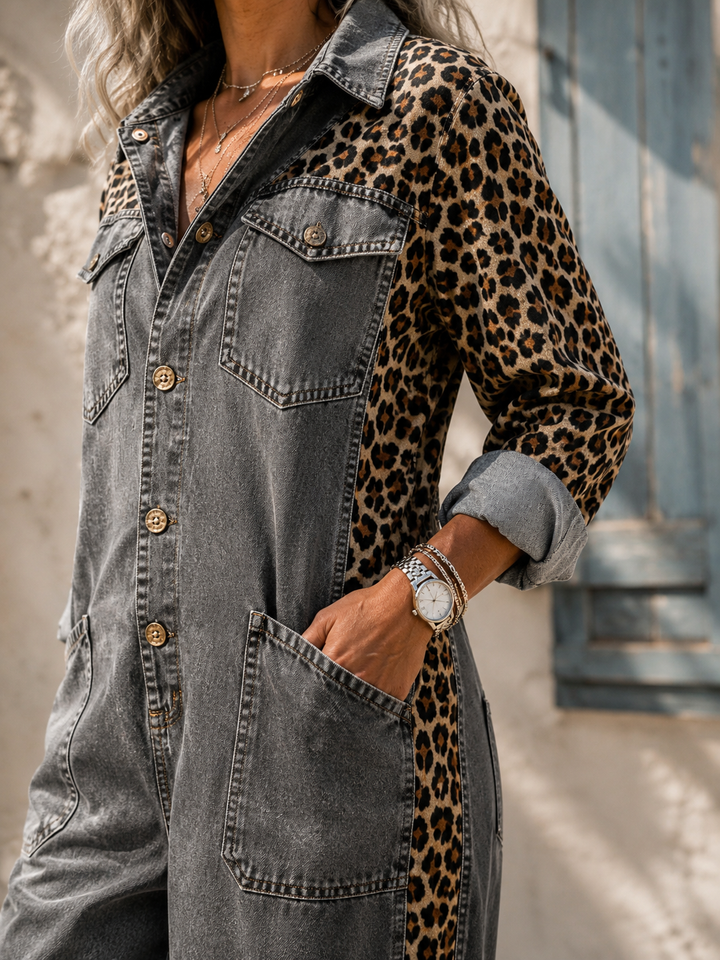 Annalise - Weitbeiniger Denim-Jumpsuit mit Leopardenmuster-Einsätzen