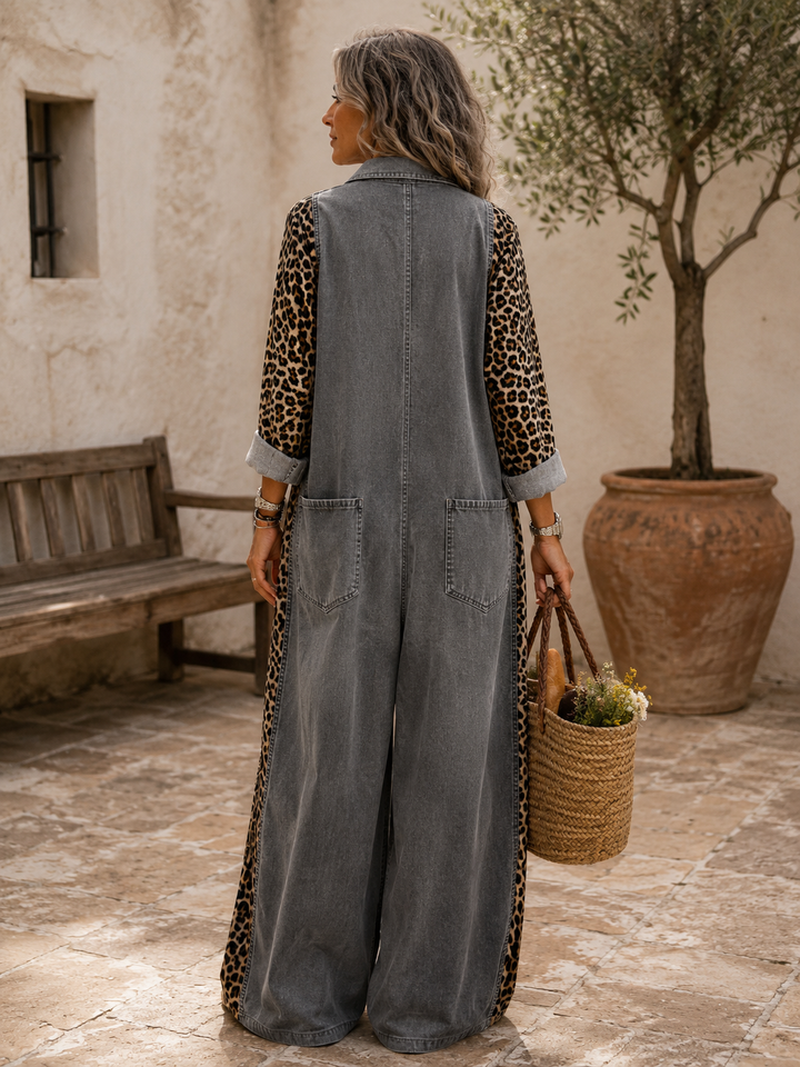 Annalise - Weitbeiniger Denim-Jumpsuit mit Leopardenmuster-Einsätzen
