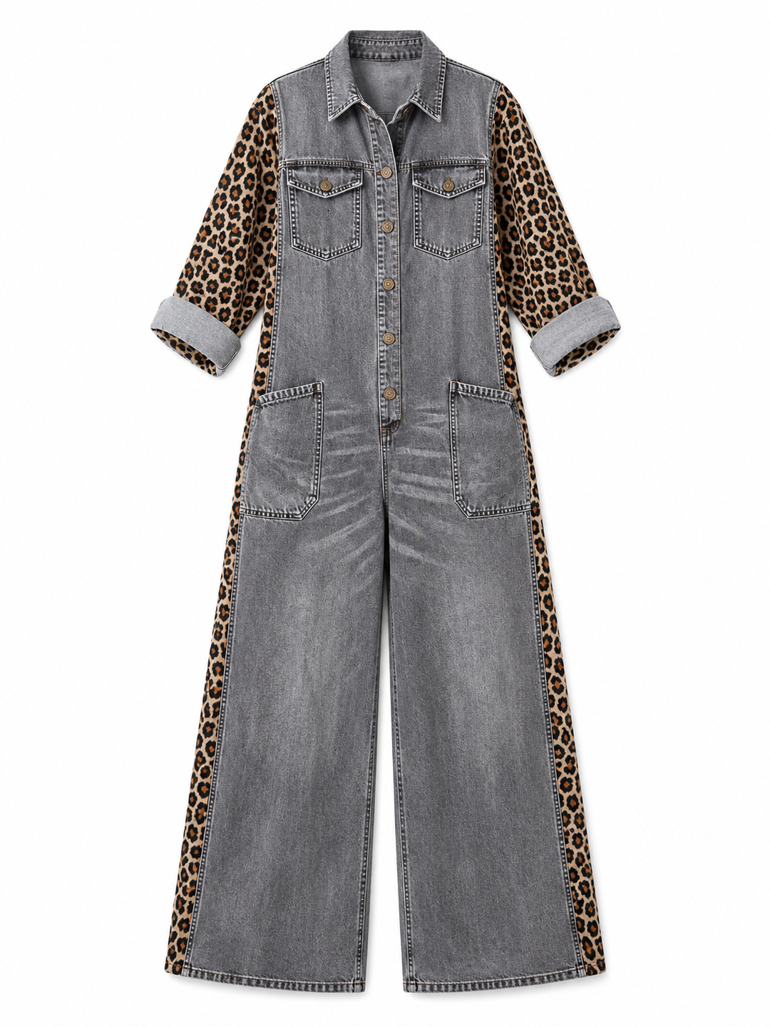 Annalise - Weitbeiniger Denim-Jumpsuit mit Leopardenmuster-Einsätzen