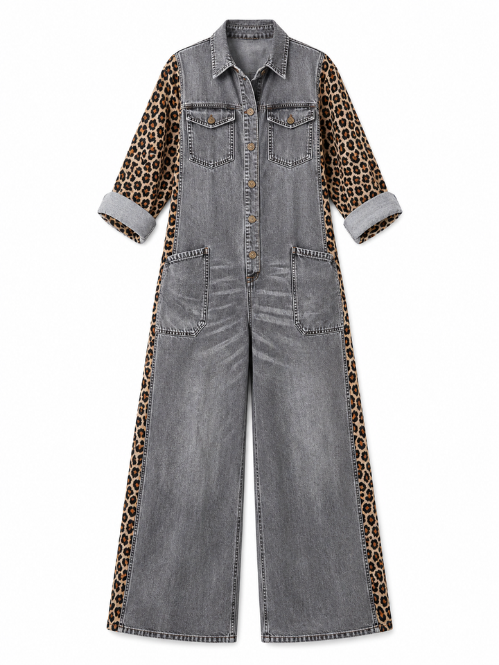Annalise - Weitbeiniger Denim-Jumpsuit mit Leopardenmuster-Einsätzen