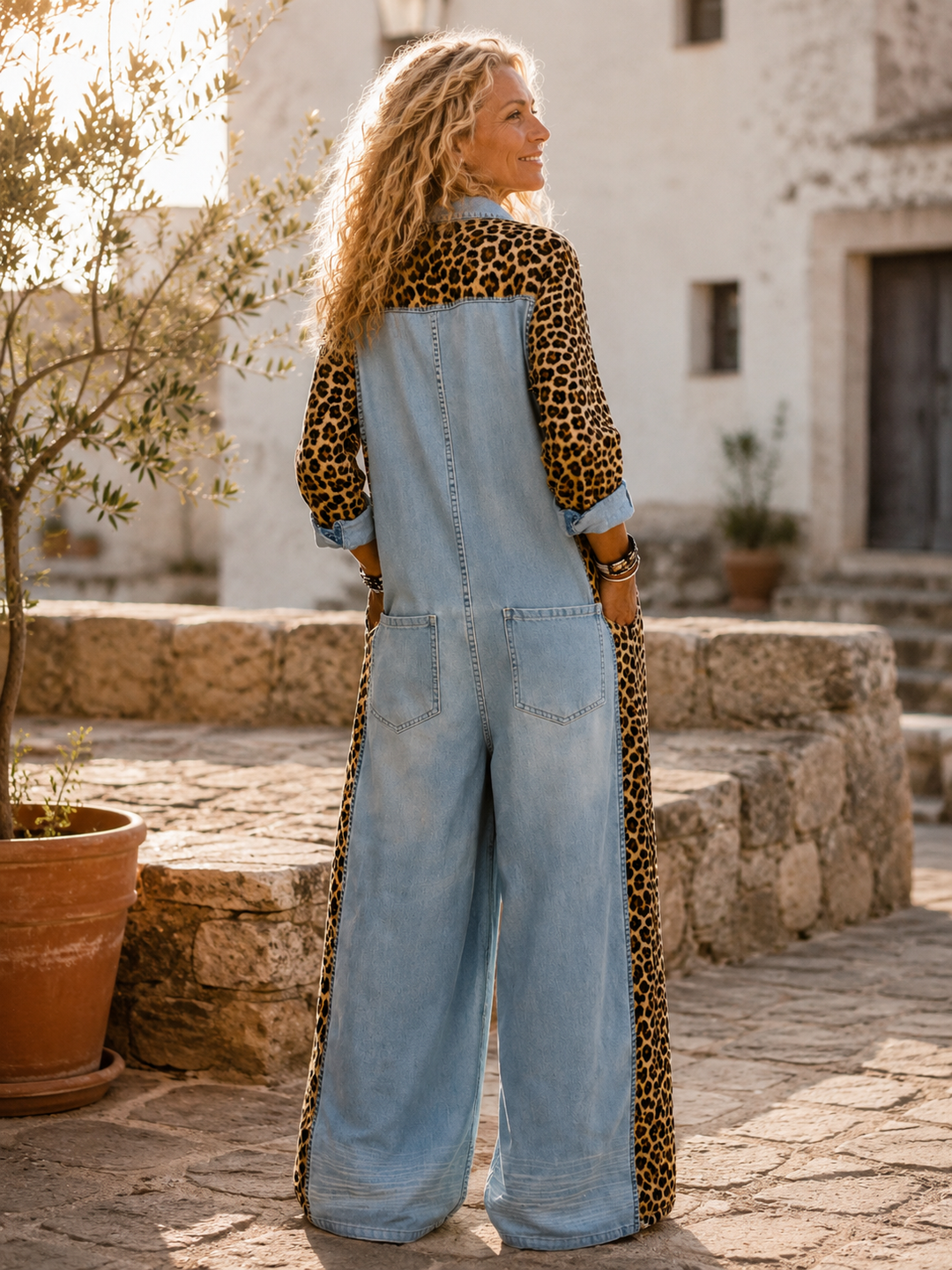 Annalise - Weitbeiniger Denim-Jumpsuit mit Leopardenmuster-Einsätzen