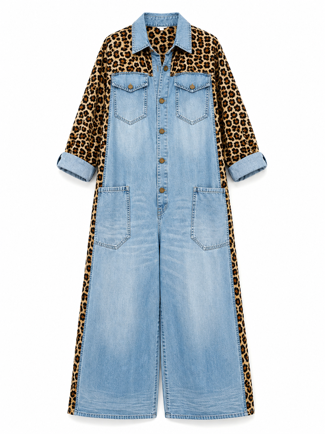 Annalise - Weitbeiniger Denim-Jumpsuit mit Leopardenmuster-Einsätzen