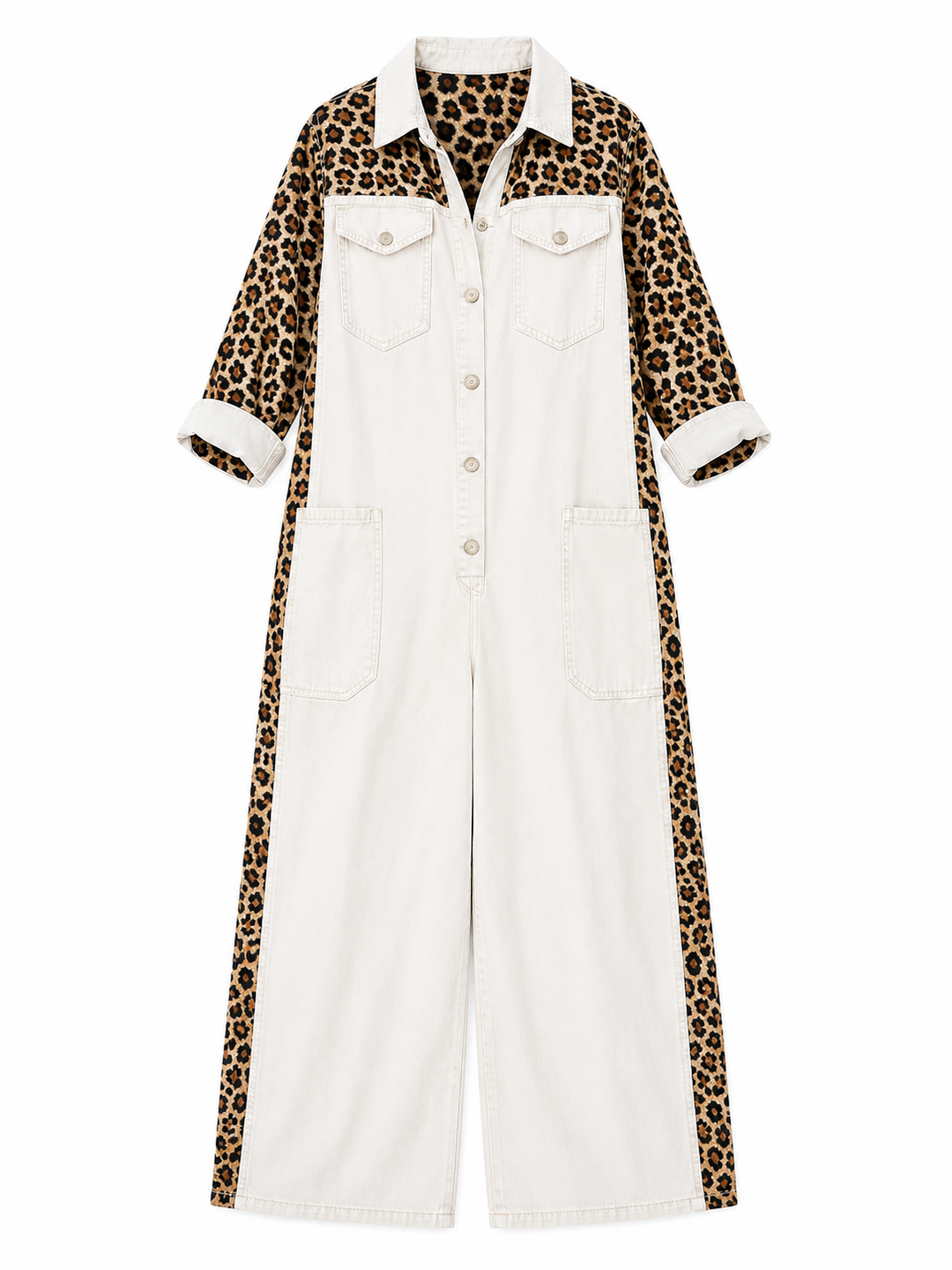 Annalise - Weitbeiniger Denim-Jumpsuit mit Leopardenmuster-Einsätzen