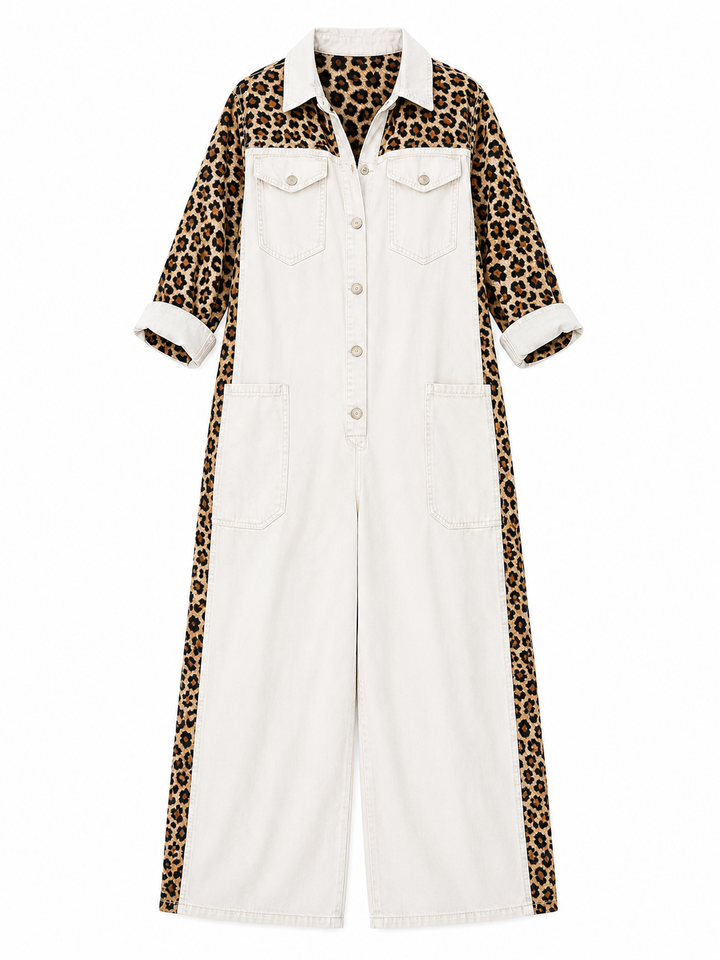 Annalise - Weitbeiniger Denim-Jumpsuit mit Leopardenmuster-Einsätzen