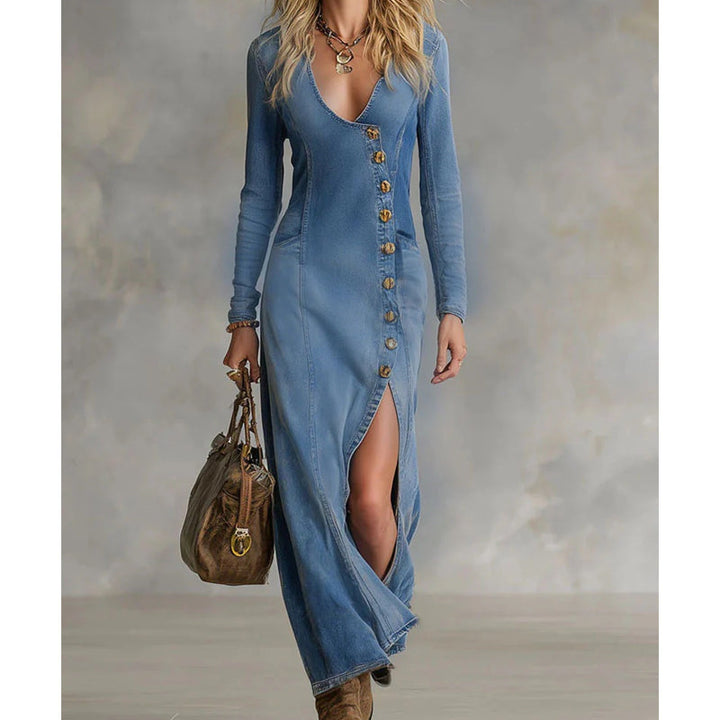 Rinae - Figurformendes Maxikleid mit langen Ärmeln und V-Ausschnitt