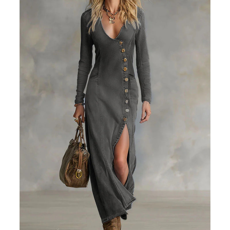 Rinae - Figurformendes Maxikleid mit langen Ärmeln und V-Ausschnitt